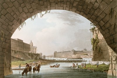 Panorama of the River Seine seen from beneath the Pont Neuf looking West towards the Louvre, La Monnaie and the College de Quatre Nations by John Claude Nattes